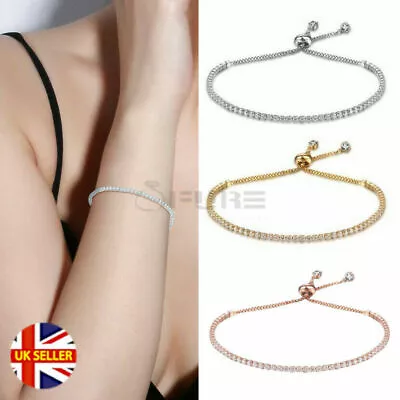 Silver Rose Gold Plated Swarovski Elements Crystal Tennis Stone Bracelet Bangle • £4.99