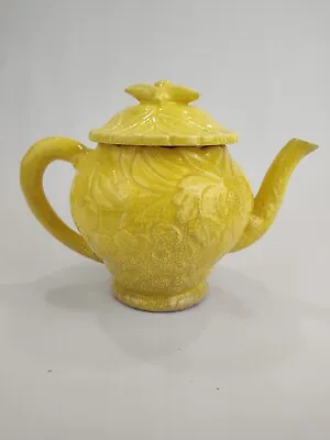 Yellow Antique Japan Majolica Teapot Japanese Mosaic Floral Leaf Lid • $22.97