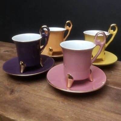 £24 • Buy Genevieve Lethu Cups Saucers Set 4 Used Aquarelle Harlequin Coffee Handle Footed