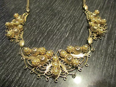 Vintage Etruscan Revival Faux Pearl Filigree Gold Tone Snake Chain Necklace! • $65