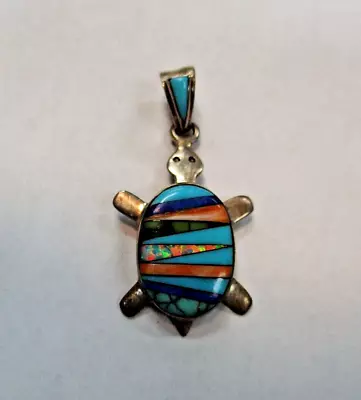 Vintage Silver Multi Stone  Inlay Tortoise Turtle Pendant Silver • $21