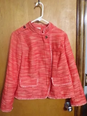 CHICO'S Orange Tweed Fringe Trim Jacket Coat Size 2 Military Blazer Womens  • $15.99