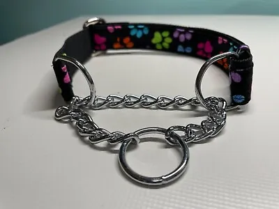 Martingale Half Check Stainless Steel Choke Chain Dog Collar Black Rainbow Paws  • £7.15