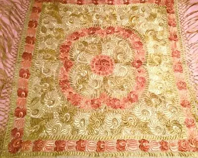 Antique Silk  Roses Gold Hungarian Matyo Embroidery Tablecloth • $299.95