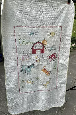 Vtg Farm Animals Crib CUTTER CRAFTS Quilt Embroidered Cow Sheep Cat Horse Pig • $16