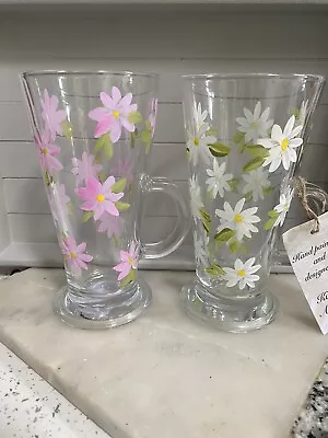 Hand Painted Floral Set Of 2 Coffee Latte Glass Mug Tea Chocolate Cup Gift DAIsy • £17.99