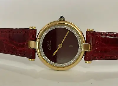 Must De Cartier Vendome Diamonds Burgundy Dial Vermeil Ladies Quartz Watch • $990