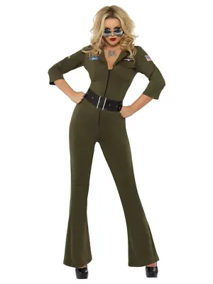 Womens Top Gun Aviator Pilot Military Jumpsuit Smiffys Fancy Dress Costume • $56.95