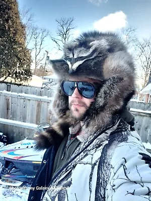 Full Fur Real Racoon Trapper Hat Polar Tech Fleece Hand Made Taxidermy Pelt  • $220