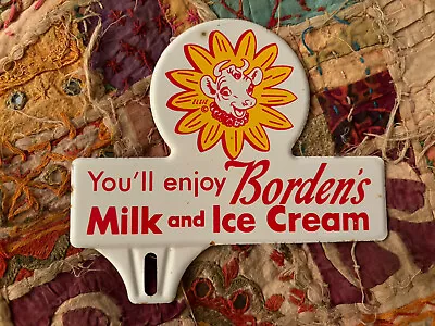 ELSIE BORDEN’S MILK & ICE CREAM ADVERTISING LICENSE TAG FRAME SIGN TOPPER 1950s • $9.99