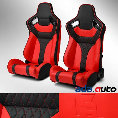 2Pcs Universal Main Black + Red Side Reclinable PVC Leather Sport Racing Seats • $314.38