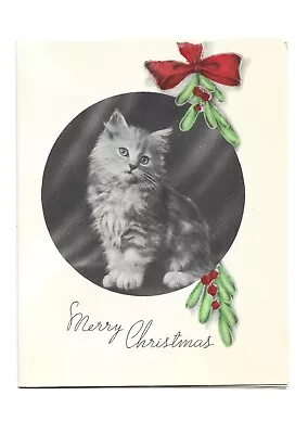 Vtg. Christmas Card Little Kitty Cat In Circle Holly Berries Red Bow 1930s 40s • $3.99