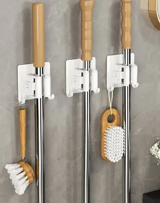 3 Pcs Broom Mop Holder Set With Hooks - Self-Adhesive Multi-Use Wall Organizer • $9.99