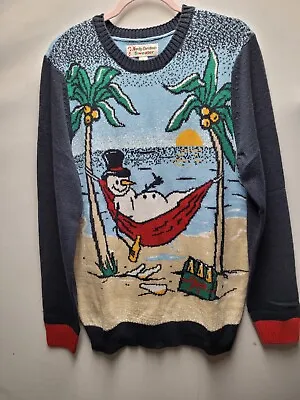 Novelty Christmas Sweater Mens Large Snowman Hammock Blue Palm Trees Knit 2068 • $28