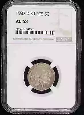 1937 D 3 LEGGED Nickel Indian Head Or Buffalo NGC AU-58 • $1999.98