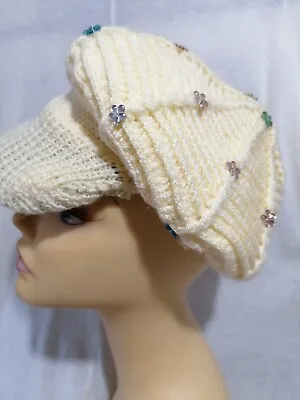 £4.99 • Buy Monsoon Ladies Knit Panelled Beret Hat Baker Boy Peaked Cap Flower Sequin New 