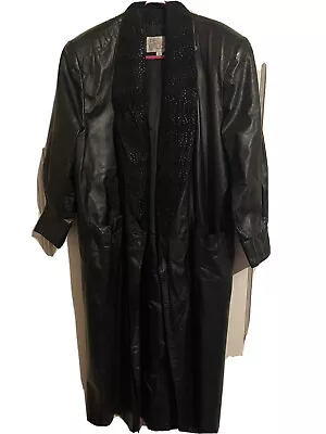 $99 • Buy Vintage Pelle Studio Long Black Leather Coat Cheetah Print Trim  Sz M