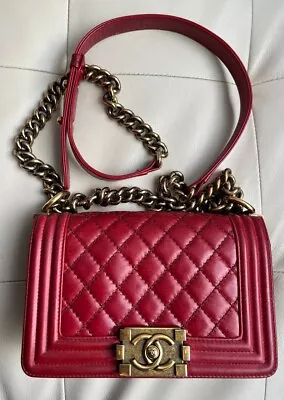 VERIFIED Authentic CHANEL Berry Red Aged Calfskin Leather Small Boy Bag • $4620.86