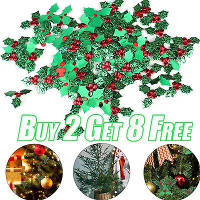 100 Christmas Decorations Holly& Berry Leaves Embellishments DIY Xmas Tree Craft • £2.66