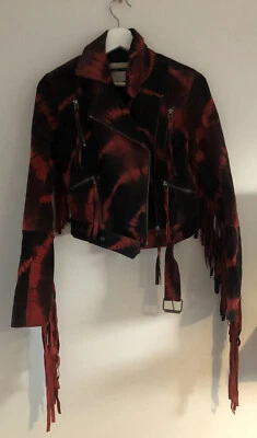 £55 • Buy Tie Dye Leather Suede Red Afghan Coat Jacket Uk 8 Topshop Fringed Tassel
