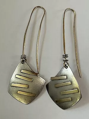ED LEVIN Sterling Silver 14K Yellow Gold Dangle Long Wire Modernist Earrings • $148.99