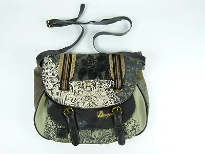 Desigual Gray / Tan / Brown Shoulder Bag Purse W/ Floral Patterns & Brown Lining • $27.87