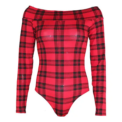 Ladies Womens Off Shoulder Long Sleeve Top Plain Stretch Bardot Bodysuit Leotard • £7.99
