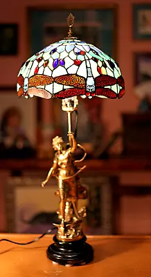 Vintage Brass Female Sculpture Signed Tiffany Dragonfly Style Table Top Lamp • $650