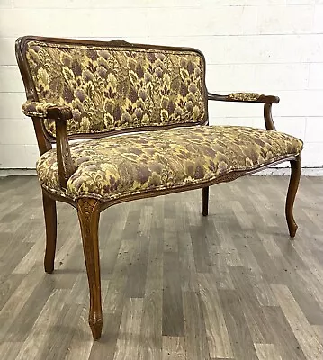 Vintage French Louis XV Style Carved Floral Settee With Floral Upholstery • $899