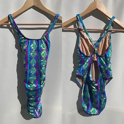 Vintage 80s 90s Sand Dancer Multicolor Metallic Tribal Pattern One Piece Swimsui • $29.99