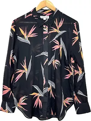 Country Road Bird Of Paradise Floral Print Shirt Size M Semi Sheer Cotton Black • $35