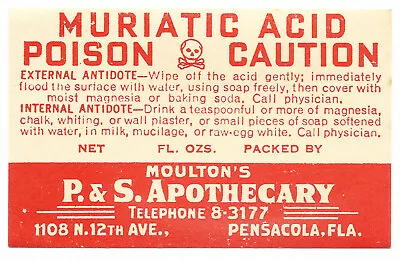 Vintage Label MURIATIC ACID Poison Caution Skull Bones P&S Apothecary Pensacola • $25.58