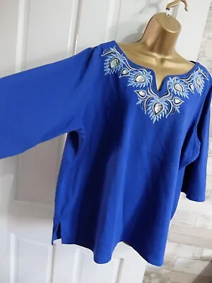 BOB MACKIE ● Size 2X UK 24 ● Royal Blue Embroidered Blouse Top Womens Ladies • £12.99