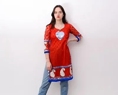 Womens M Glitz Embroidered Shimmer Indian Dress Red 90s Skirt Thailand VTG Thai • $40.11