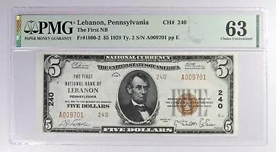 1929 Lebanon PA The First National Bank $5 Type 2 PMG  63 Top Pop • $350