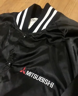 Vintage Mitsubishi Black Satin Varsity Bomber Jacket USA Racing JDM Lancer Evo L • $74.99