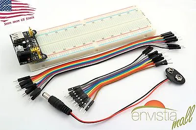 MB-102 830 Point Breadboard + 3.3V 5V Power Supply + 20 Jumpers + Battery Cable • $7.89