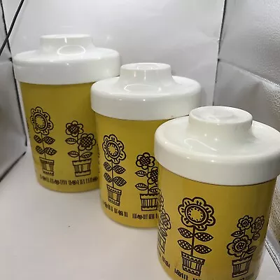 Vintage Atapco Canister Set Yellow Brown Flower Power Enamel Metal Mod MCM USA • $19.75