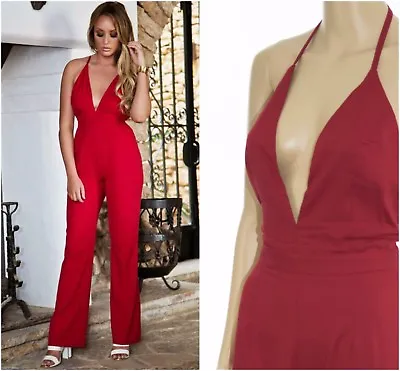 Nostalgia Plunge Backless Red Wide Palazzo Leg Jumpsuit Charlotte Crosby • £9.99