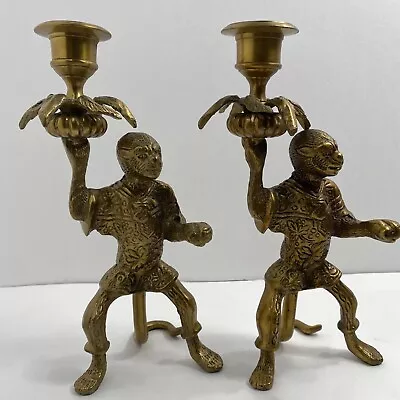 VTG Pair Of Brass Monkey Butler Candle Holders 6” Tall Heavy See Pictures! • $199.95