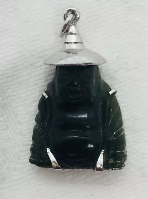 Vintage Chinese Sterling Silver Carved Green Jade Buddha Charm Pendant • $25