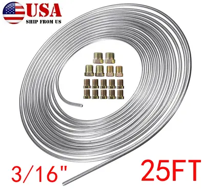 USA Zinc Steel Brake Line Tubing Kit 3/16''OD 25Ft Coil Roll + 16x Nuts Fittings • $29.29