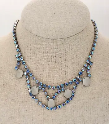 Vintage 60's Blue Frosted & Rhinestone Aurora Borealis Choker Necklace • $30