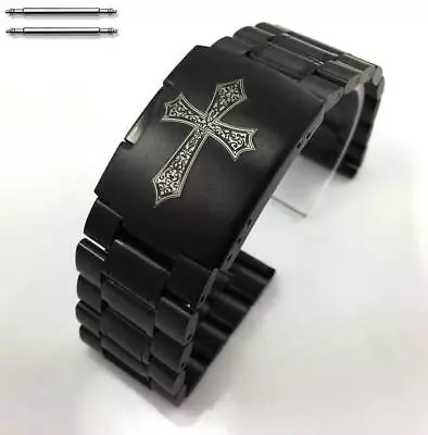 Stainless Steel Black Bracelet Replacement Watch Band Strap Engraved Cross #5016 • $24.95