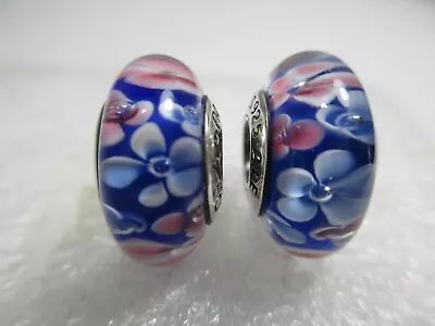 Set Of 2 Royal Blue Pink Arty Flowers Authentic Pandora Murano Glass Charms Bead • $11.50