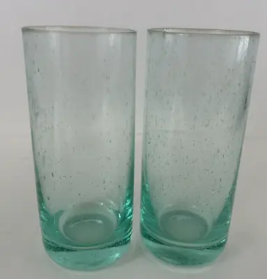 2 Scattered Bubble Teal Glass Tumbler Water / Tea Glasses 6.5  Tall • $10.19