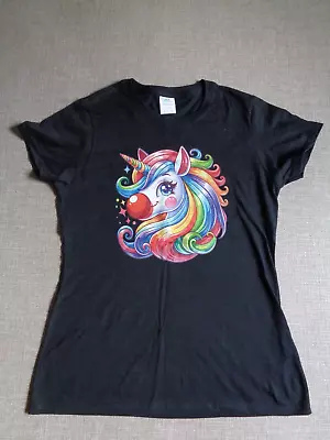 Unicorn T-shirt With Red Nose Black Rainbow Small Ladies Womens 100% Cotton • £14.99