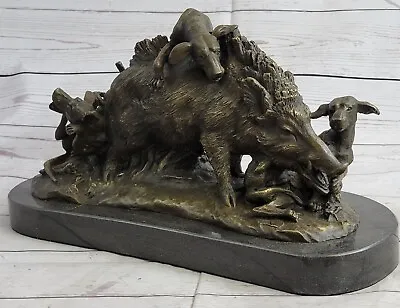 Signed Bronze Marble Wild Boar Hunting Dogs Animal Sculpture Figure Art Figurine • $199.50