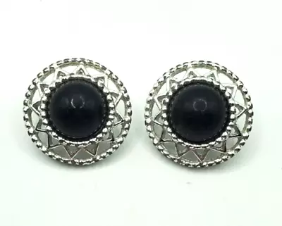 Sarah Coventry Silver Tone  Earrings Clip On Round  Black Center Classy Clip On • $14.96