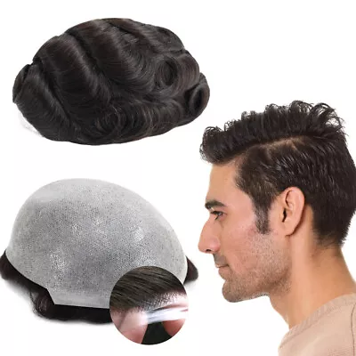 Toupee For Men Human Durable Thin Skin Men Hairpieces Wig Black Color #1B • $75.99